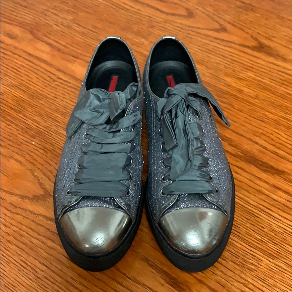 Prada Paillettes Sequin Cap Toe Sneakers Aqua